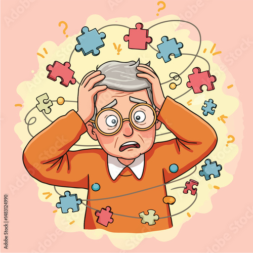 Confused Elderly Man Surrounded by Jumbled Puzzle Pieces Illustrating Memory Loss or Dementia