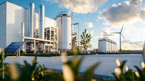 green hydrogen production facility integrated into a clean industrial landscape, silver pipe systems running between modular buildings, large electrolysis tanks surrounded by well-kept vegetation,