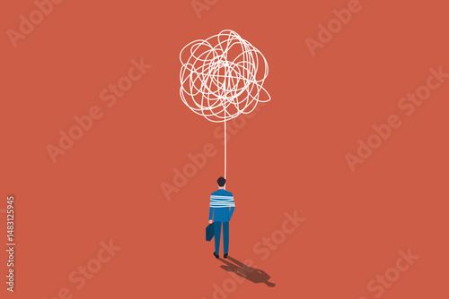 Businessman employee with anxiety busy line tie his body. concept of Stress at work, exhausted from overworked and too many problems or frustrated and paranoia office worker