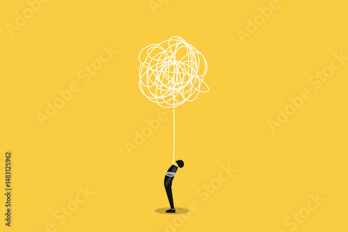 Businessman employee with anxiety busy line tie his body. concept of Stress at work, exhausted from overworked and too many problems or frustrated and paranoia office worker