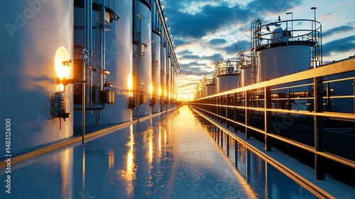 hydrogen plant with translucent roofing over processing area, water-cooled electrolysis towers, white painted piping, clean outdoor layout with garden dividers, visible sunrise lighting over