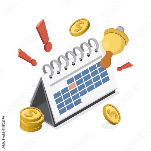 Timely payment planning concept. 3D flat isometric calendar, bell and coins.