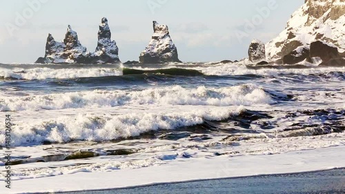 Three pinnacles of Vik, South Iceland, Europe, in wintertime