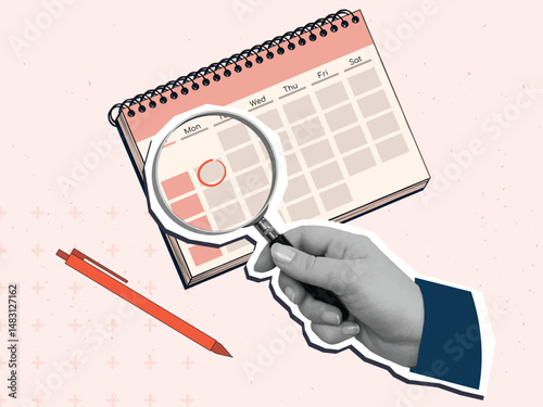 Hand with a magnifying glass look at the mark in calendar. Modern collage style. Vector illustration