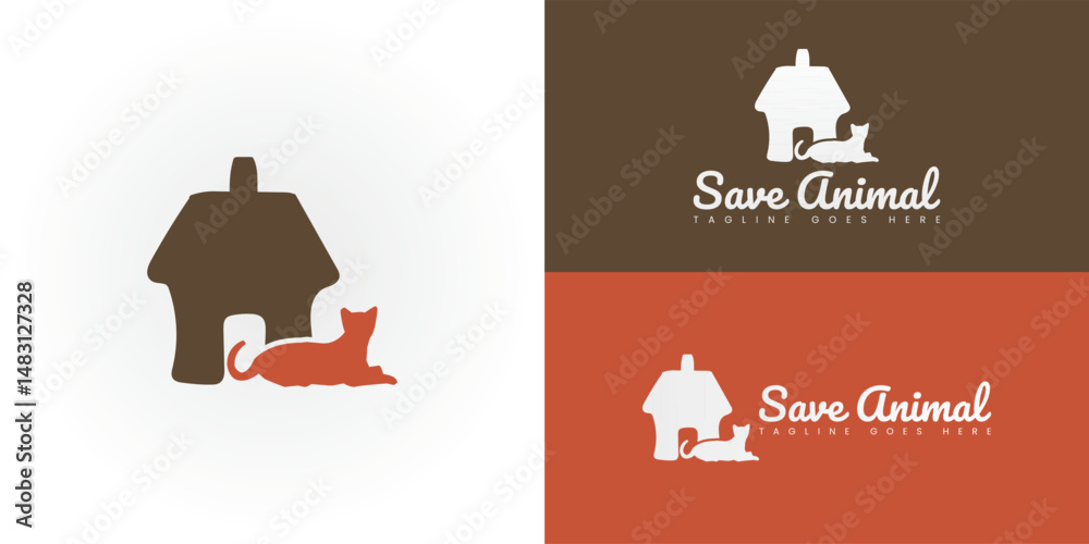 Naklejka premium The comforting image features a stylized cat calmly resting beside its safe shelter. The simple outline of a house-like cage in warm brown conveys a sense of security and home.