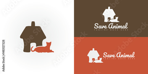The comforting image features a stylized cat calmly resting beside its safe shelter. The simple outline of a house-like cage in warm brown conveys a sense of security and home.