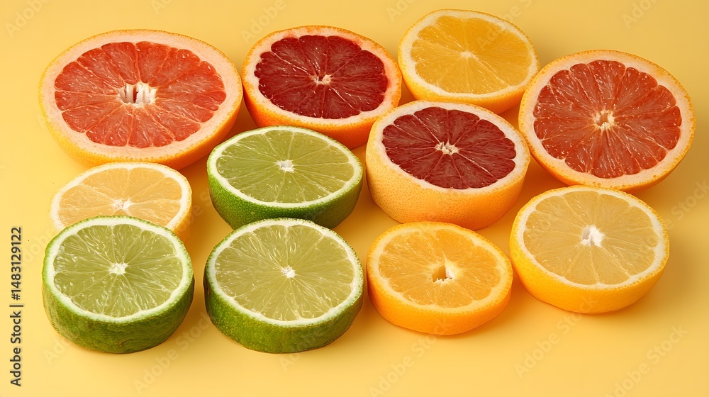 Photograph of sliced citrus fruits – oranges, limes, and grapefruit – arranged on a yellow background. Photograph of sliced citrus fruits – oranges, limes, and grapefruit – arranged on a yellow background.