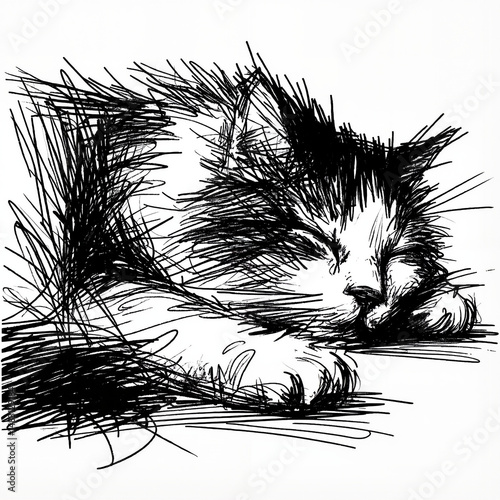 Soft sleeping cat illustrated with sketchy lines in black and white  
