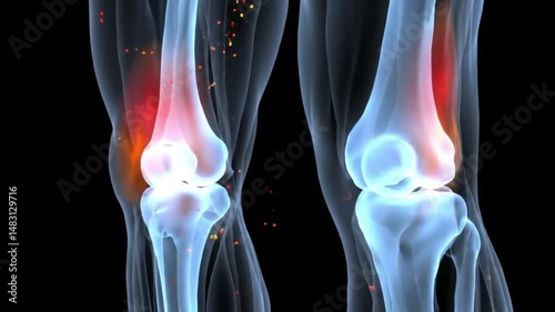 3D rendered Medical Animation of a man's inflamed right knee undergoing healing. Ideal for medical, orthopedic, or educational purposes