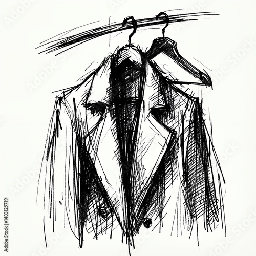Sketch of elegant coats hanging on a clothes hanger 