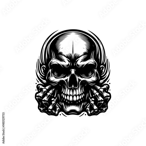 Highly detailed anatomical skull vector art with elaborate line patterns and dramatic abstract styling for logo use