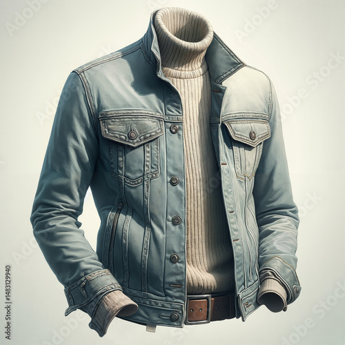 Stylish denim jacket with knitted sweater in casual setting  