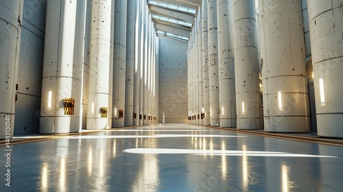 interior of a cement processing facility featuring symmetrical arrangement of vertical mixers, polished steel walls reflecting light evenly, dry concrete dust settled in corners, highly realistic