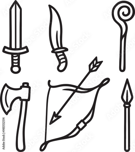 RPG Weapon Icon Set — Vector Fantasy Game Sword Collection, Dungeon & Dragon Battle Objects, Magic Staffs, Warrior Daggers, Medieval Bows and Arrows (AI, EPS, PNG, JPEG)

