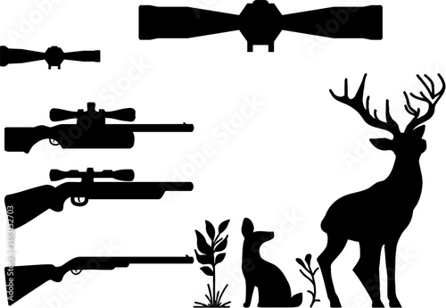 Outdoor Hunting Tools Vector Silhouette Pack, Silhouette of full hunting gear set including rifle, scope, knife, and bag. Ideal for outdoor, sport, and survival themes.