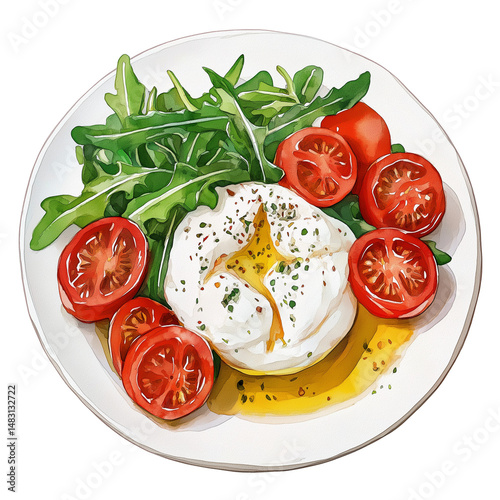 Burrata served with tomatoes and arugula, watercolor clipart illustration with isolated background