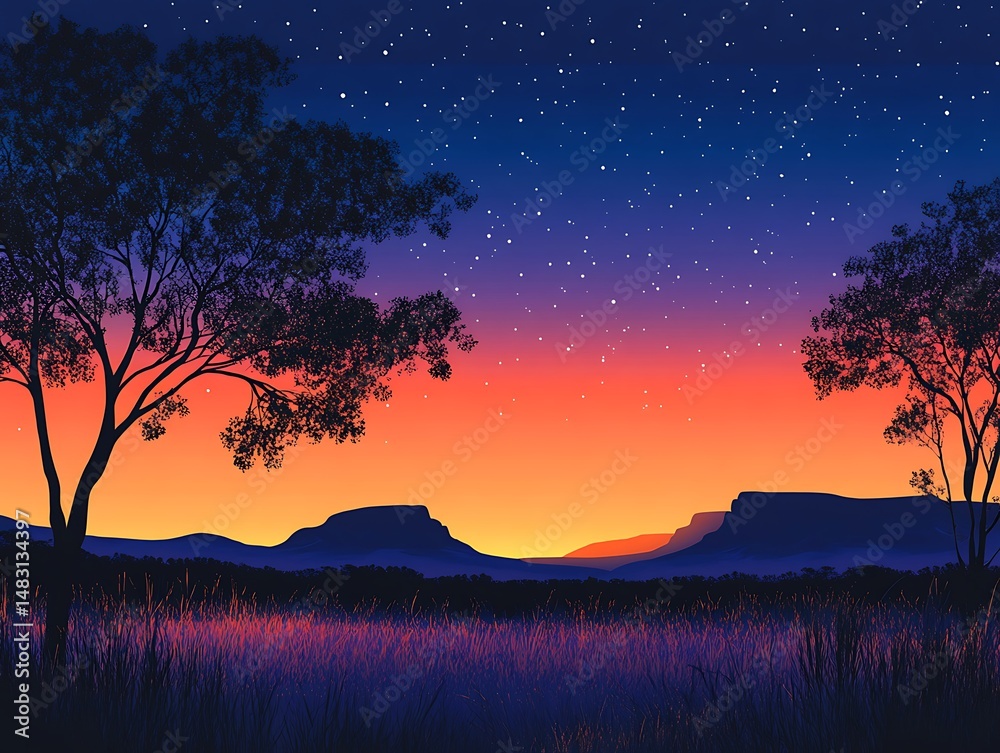Fototapeta premium Silhouetted trees, colorful sunset over mountains. Dusk landscape. Stock photo