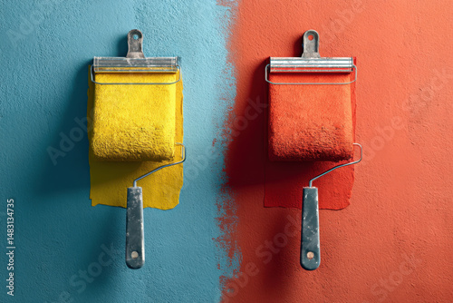 paint rollers on a white wall, blue and red, leaving colorful streaks behind, creating a vibrant and dynamic abstract pattern.