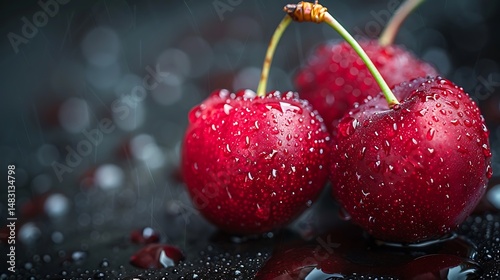 Juicy Red Cherries glistening with Water Droplets