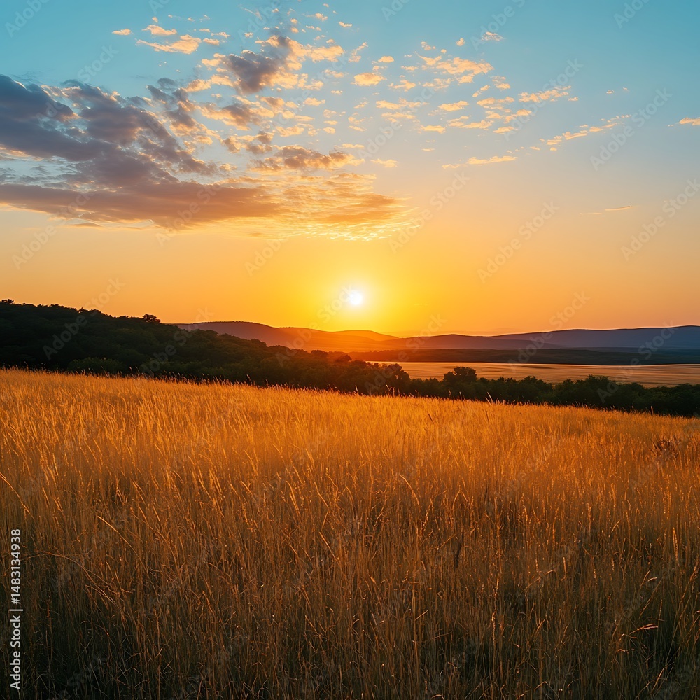 Fototapeta premium Golden Hour Glow: Serene Sunset Over a Field of Wheat with Rolling Hills and a Peaceful Sky Above.