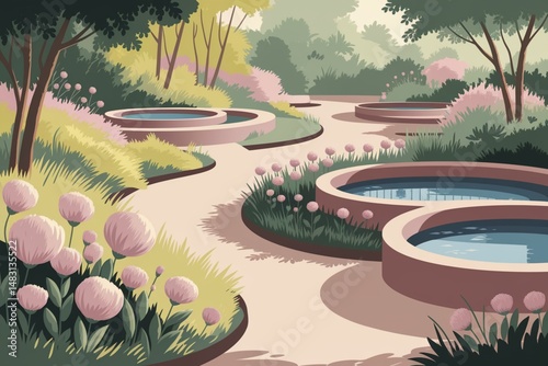 Pastel garden illustration with curved paths, serene pastel garden illustration in flat design, floral pastel garden illustration for peaceful landscape, zen botanical design, aesthetic spring garden