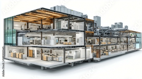 Section cut of an office campus core showing basement chillers, rooftop air handling units, vertical supply and return duct risers within core walls, and service corridors with linear ceiling