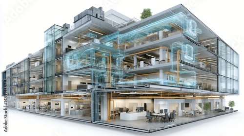 Section cut of an office campus core showing basement chillers, rooftop air handling units, vertical supply and return duct risers within core walls, and service corridors with linear ceiling