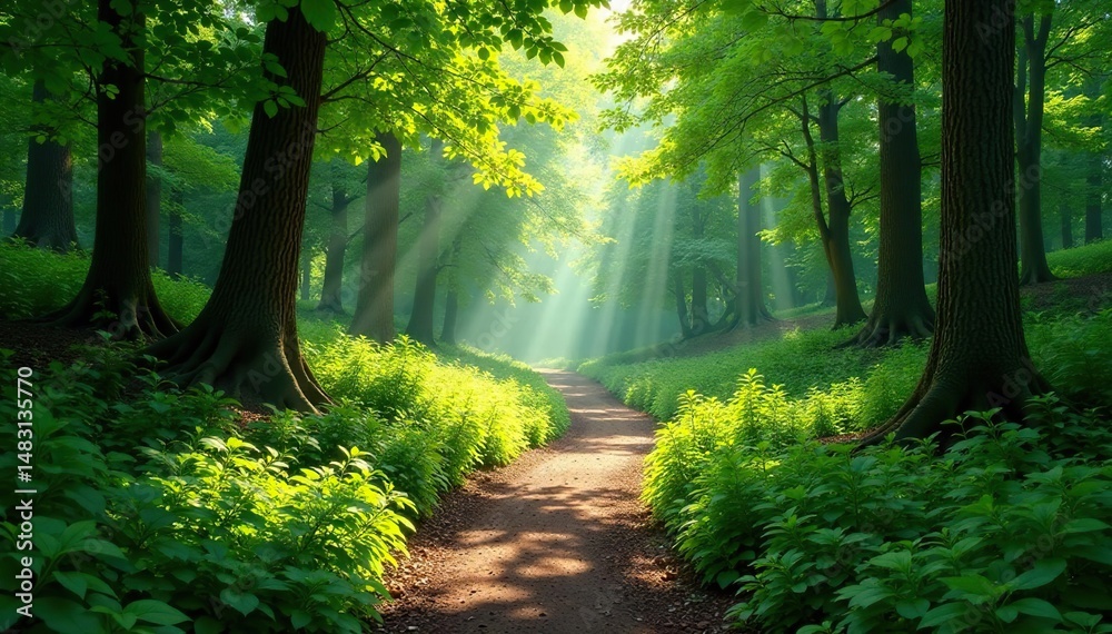 Fototapeta premium Sun dappled forest path winding through lush green foliage , detail, shadows, serene