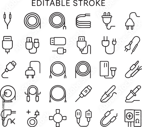 Wire and Cable Outline Icon Set — Linear Editable Stroke Vector Collection of Electrical Cables, Connectors, and Wiring Symbols (AI, EPS, PNG, JPEG)

