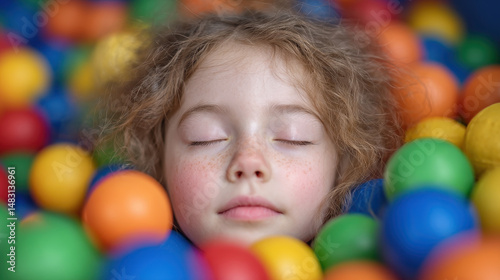 Child immersed in colorful ball pit enjoying a moment of peace and relaxation