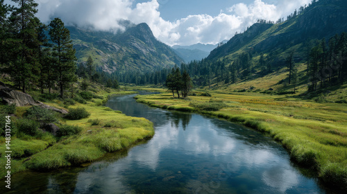 Wallpaper Mural Serene Mountain River Landscape with Green Valley and Cloudy Sky Torontodigital.ca