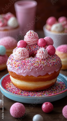 Pink frosted donut with sprinkles, pink frosting swirls, and pastel candy balls, surrounded by other pastries.