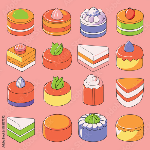 Colorful illustrated collection of various sweet pastries and cakes with decorative toppings