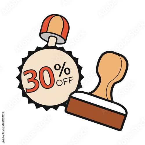 Cartoon illustration of a rubber stamp with 30 percent off discount for sales promotions
