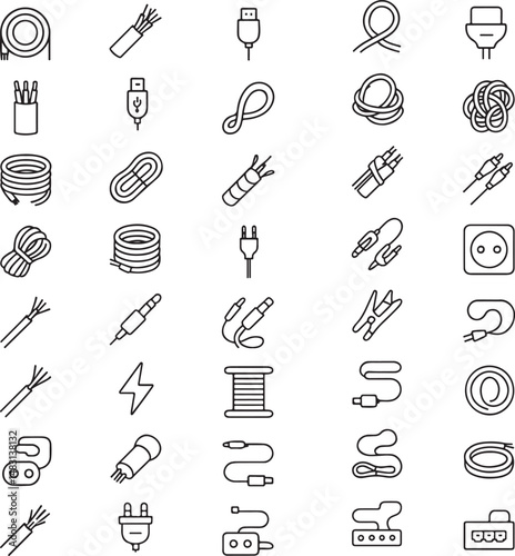 Wire and Cable Outline Icon Set — Linear Editable Stroke Vector Collection of Electrical Cables, Connectors, and Wiring Symbols (AI, EPS, PNG, JPEG)

