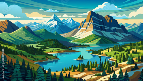 High and view of Waterton Lakes National Park, Alberta, Canada