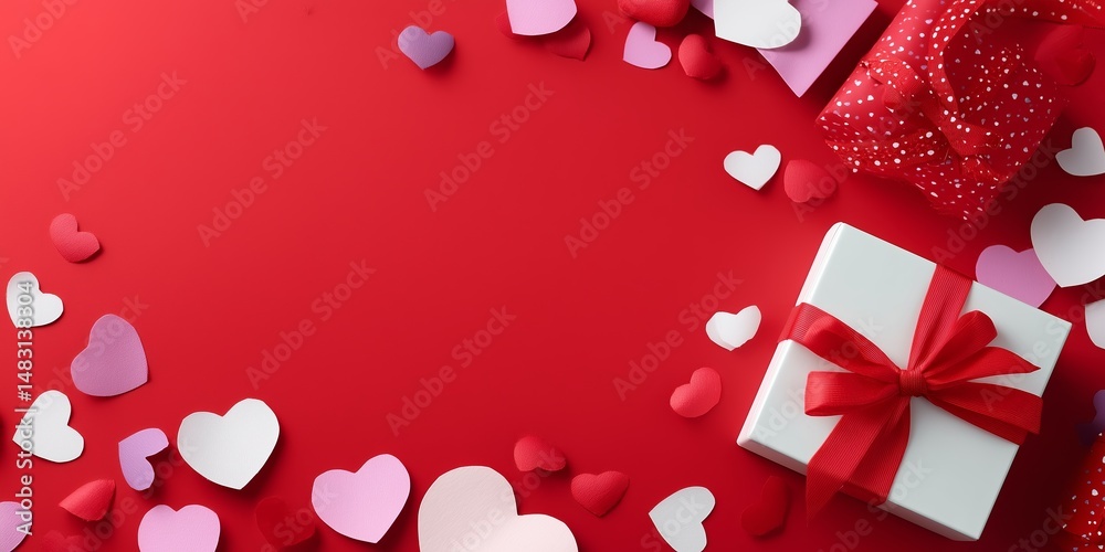 Celebration of love with heart-shaped decorations and beautifully wrapped gifts on a vibrant red background