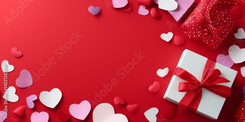 Obraz na płótnie Celebration of love with heart-shaped decorations and beautifully wrapped gifts on a vibrant red background w salonie