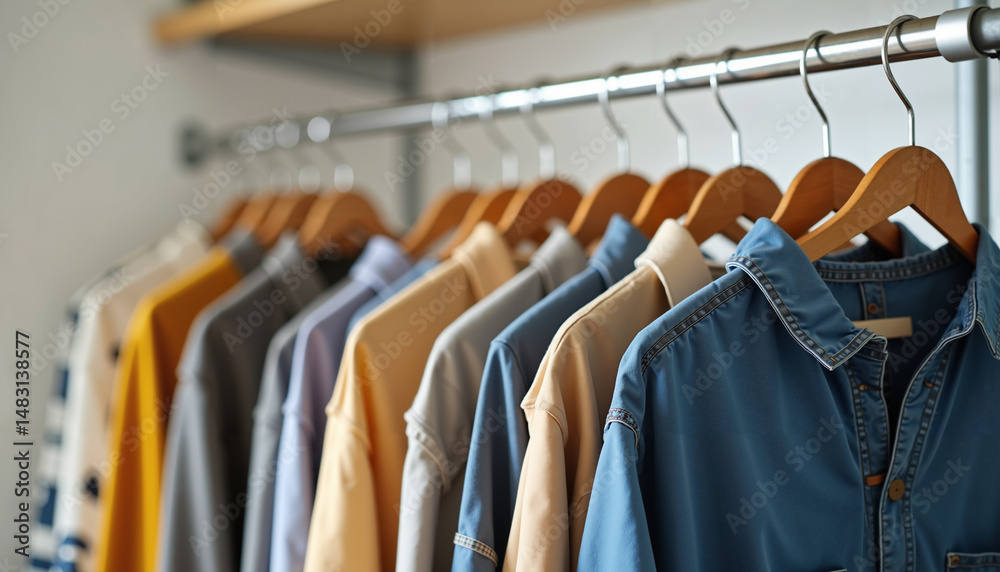 Obraz premium A row of men's shirts hanging on hangers.