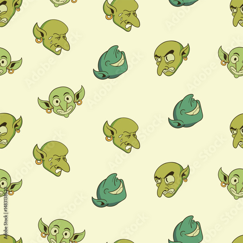 Cartoon Goblin Head Emotions Seamless Pattern