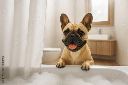 French Bulldog Peeking into Bathtub Through Shower Curtain in Bright Modern Bathroom