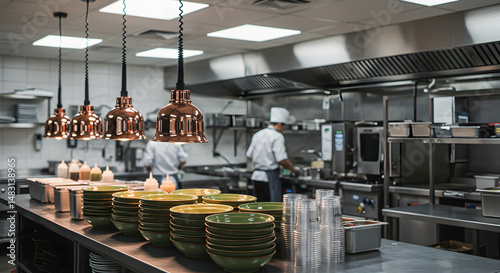 Fototapeta Naklejka Na Ścianę i Meble -  Well Lit Commercial Restaurant Kitchen Interior with Stainless Steel Fixtures Pots and Pans on Stainless Steel Counters and Chefs at Work
