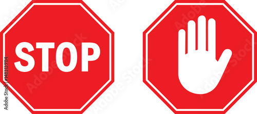 Red STOP Sign Icon Set, Hand Stop Symbol, Stop hand sign, Prohibition, Danger, Alert & Warning Signs, stock, isolated, Vector Illustration