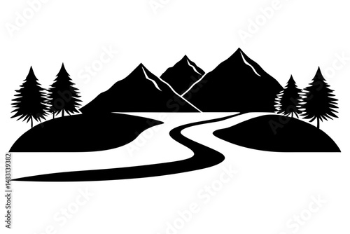 Mountain river landscape silhouette vector illustration