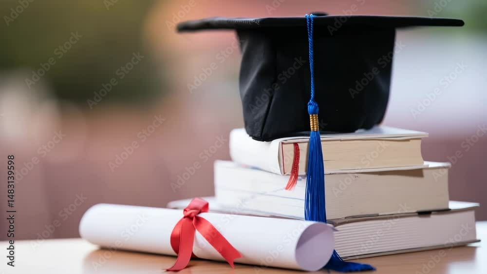 Graduation Cap and Diploma Scroll with Books in Soft Light and Cinematic Zoom. Perfect for education content, graduation announcements, school promotions, or inspirational video intros.
