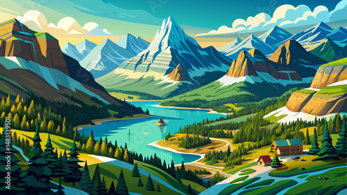 High and view of Waterton Lakes National Park, Alberta, Canada