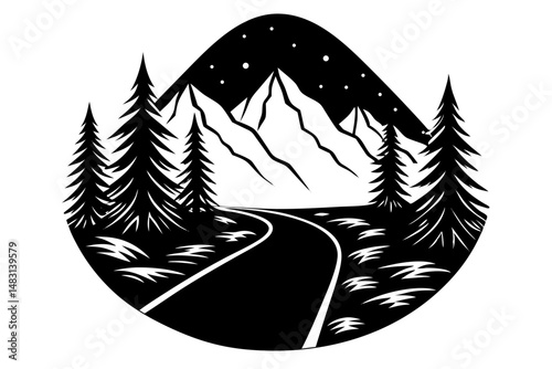 Mountain road night scene silhouette vector illustration