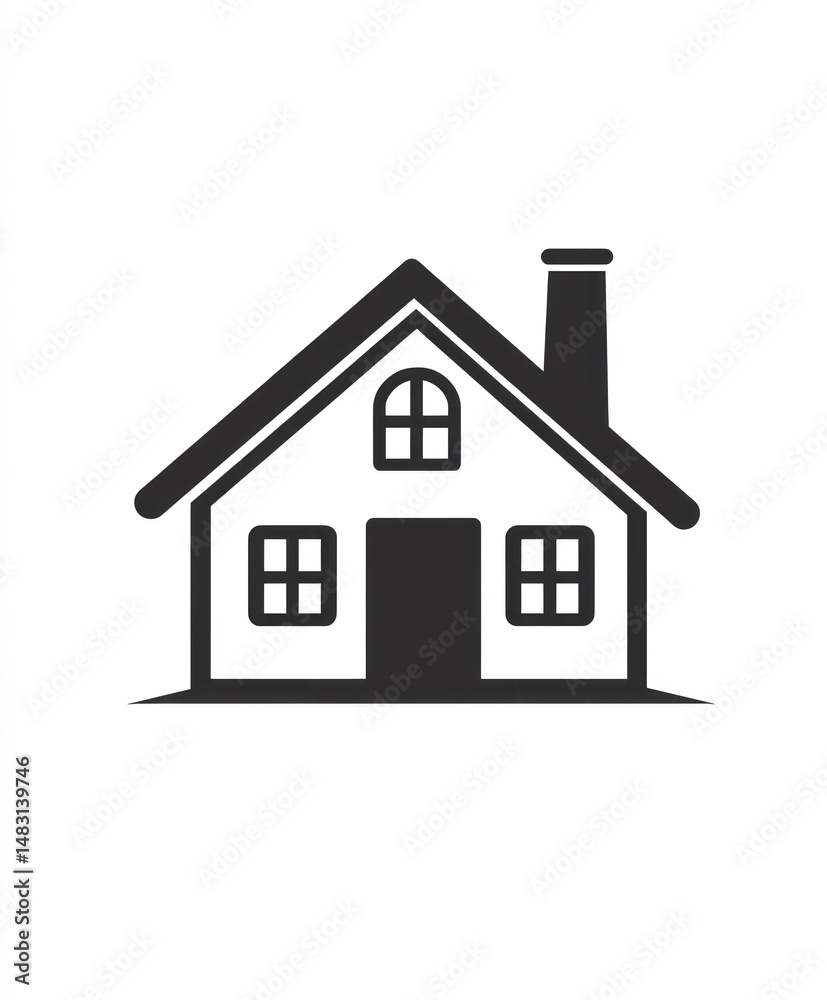 Simple black and white illustration of a house with a chimney, windows, and door Simple black and white illustration of a house with a chimney, windows, and door