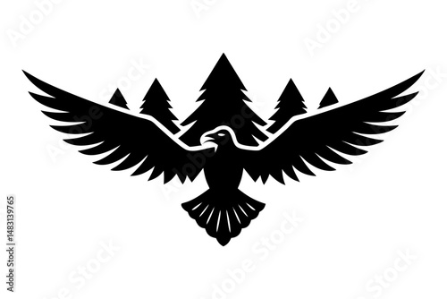 Eagle and forest black silhouette vector illustration
