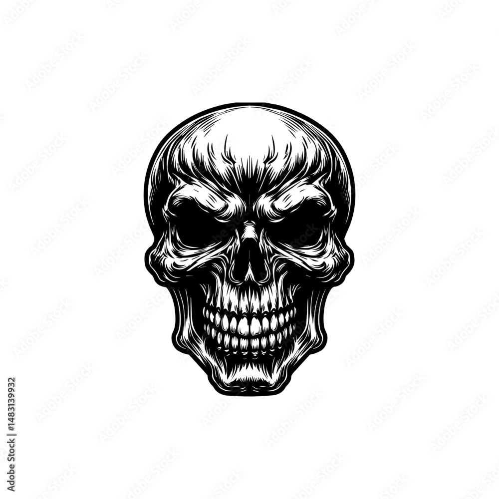 Fototapeta premium Detailed line art human skull illustration with elaborate abstract patterns and dramatic stylized elements vector design